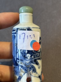 A Chinese blue, white and copper-red 'warriors' snuff bottle, Kangxi mark, 19th C.
