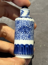 Nine Chinese blue and white snuff bottles, Kangxi and Qianlong mark, 19th C.