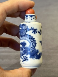 Three Chinese blue and white 'dragon' snuff bottles, 19th C.