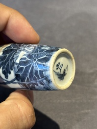 Three Chinese blue, white and copper-red snuff bottles and a blue and white snuff bottle, Qianlong mark, 19th C.