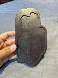 A fine Chinese cafe-au-lait glazed hare on wooden stand, Tian 天 mark, Qing