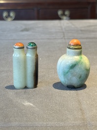 A Chinese jade conjoined double-snuff bottle and a jade 'lily' snuff bottle, 19th C.