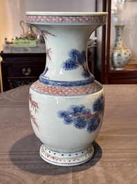 A fine Chinese blue, white and copper-red 'magpie and pine tree' vase, Yongzheng/Qianlong