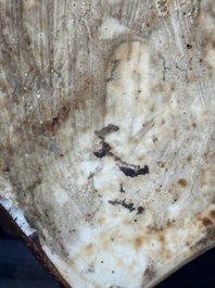 A fine Chinese cafe-au-lait glazed hare on wooden stand, Tian 天 mark, Qing