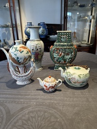 Two Chinese famille rose vases, two teapots and a Japanese wucai ewer, 19th C.