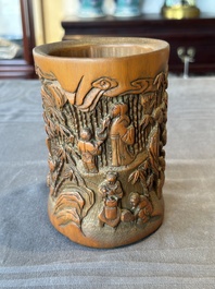 A Chinese carved bamboo 'Seven Sages of the Bamboo Grove' brush pot, 19th C.