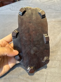 A fine Chinese cafe-au-lait glazed hare on wooden stand, Tian 天 mark, Qing