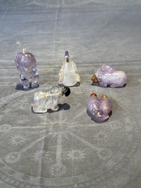 Five Chinese amethyst animal-form snuff bottles, 19/20th C.