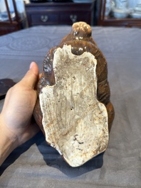 A fine Chinese cafe-au-lait glazed hare on wooden stand, Tian 天 mark, Qing