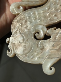 A Chinese nephrite jade ark-shaped 'chilong' plaque, Zhou/Han
