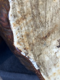 A fine Chinese cafe-au-lait glazed hare on wooden stand, Tian 天 mark, Qing