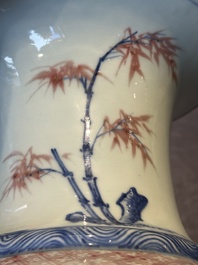 A fine Chinese blue, white and copper-red 'magpie and pine tree' vase, Yongzheng/Qianlong