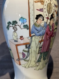 Two Chinese famille rose vases, two teapots and a Japanese wucai ewer, 19th C.
