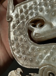 A Chinese nephrite jade ark-shaped 'chilong' plaque, Zhou/Han