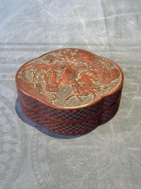 A Chinese quadrifoil red cinnabar lacquer box and cover with figural design, 19/20th C.