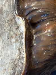 A fine Chinese cafe-au-lait glazed hare on wooden stand, Tian 天 mark, Qing