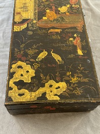 A fine rectangular Chinese lacquered and painted wooden box, signed Fen Yang Fu 汾陽府, dated 1669