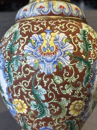 A Chinese Beijing enamel vase with floral design, 19/20th C.
