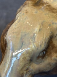 A fine Chinese cafe-au-lait glazed hare on wooden stand, Tian 天 mark, Qing