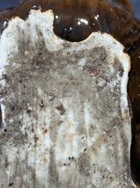 A fine Chinese cafe-au-lait glazed hare on wooden stand, Tian 天 mark, Qing