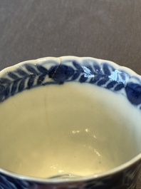 Five fine Chinese blue and white cups and saucers, 19th C.
