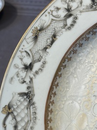 A Chinese bianco sopra bianco Belgian market armorial dish and a famille rose Dutch market armorial plate, Qianlong