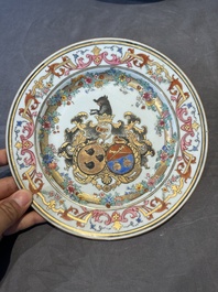 A Chinese bianco sopra bianco Belgian market armorial dish and a famille rose Dutch market armorial plate, Qianlong