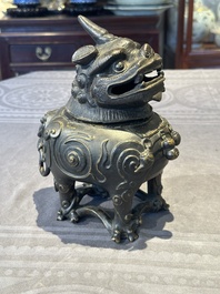 A fine Chinese bronze luduan-form censer and cover, Ming
