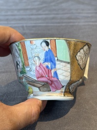 A Chinese Canton famille rose gilt-decorated cup and saucer and a famille verte tazza, 19th C.