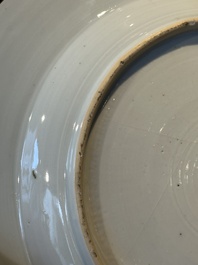 A Chinese bianco sopra bianco Belgian market armorial dish and a famille rose Dutch market armorial plate, Qianlong