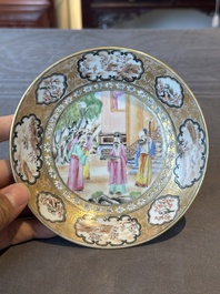 A Chinese Canton famille rose gilt-decorated cup and saucer and a famille verte tazza, 19th C.