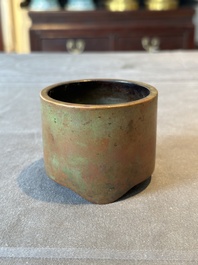 A small Chinese bronze cylindric tripod censer, Xuande mark, Ming