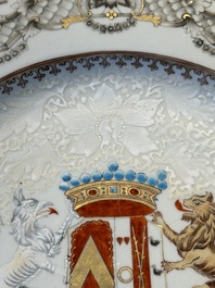 A Chinese bianco sopra bianco Belgian market armorial dish and a famille rose Dutch market armorial plate, Qianlong