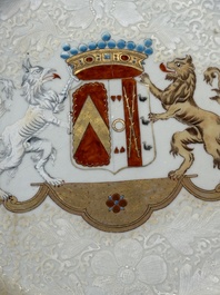 A Chinese bianco sopra bianco Belgian market armorial dish and a famille rose Dutch market armorial plate, Qianlong