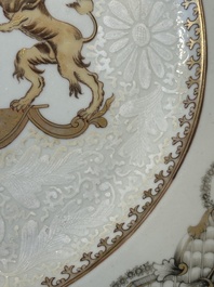 A Chinese bianco sopra bianco Belgian market armorial dish and a famille rose Dutch market armorial plate, Qianlong
