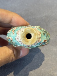 Five Chinese moulded famille rose snuff bottles, Qianlong mark, 19th C.