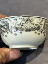 Four Chinese grisaille cups and saucers and a plate with blue-enamelled border, Qianlong