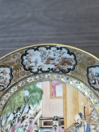 A Chinese Canton famille rose gilt-decorated cup and saucer and a famille verte tazza, 19th C.