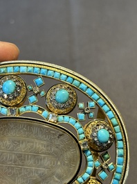 A Mughal gold belt ornament inlaid with jade, diamonds and turquoise, Delhi, Northern India, 17/18th C.