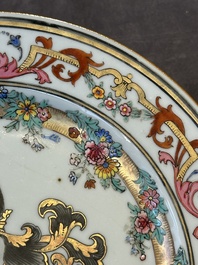 A Chinese bianco sopra bianco Belgian market armorial dish and a famille rose Dutch market armorial plate, Qianlong