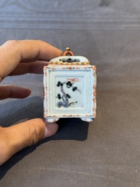 A Chinese famille rose covered seal paste box and a square famille verte covered censer, Qianlong mark, 19th C.