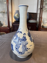 A Chinese blue and white bottle vase with court ladies and playing boys, Chenghua mark, Kangxi