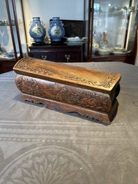 A Chinese Huanghuali wood coffin-shaped offering box and cover with mountainous landscape design, 17/18th C.