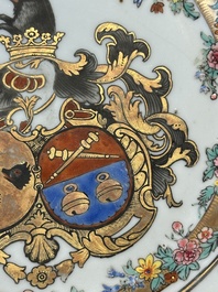 A Chinese bianco sopra bianco Belgian market armorial dish and a famille rose Dutch market armorial plate, Qianlong