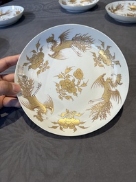 Five Chinese gilt-decorated eggshell porcelain 'phoenix' plates, Yongzheng