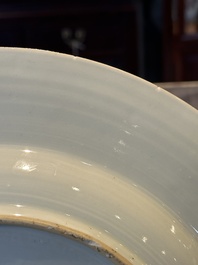 A Chinese bianco sopra bianco Belgian market armorial dish and a famille rose Dutch market armorial plate, Qianlong