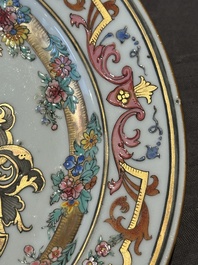 A Chinese bianco sopra bianco Belgian market armorial dish and a famille rose Dutch market armorial plate, Qianlong