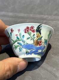 Two pairs of Chinese famille rose cups and saucers with pheasants and roosters, Yongzheng/Qianlong