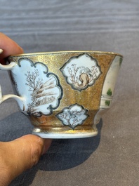 A Chinese Canton famille rose gilt-decorated cup and saucer and a famille verte tazza, 19th C.