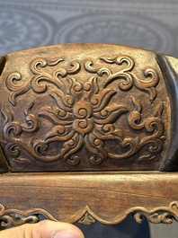 A Chinese Huanghuali wood coffin-shaped offering box and cover with mountainous landscape design, 17/18th C.